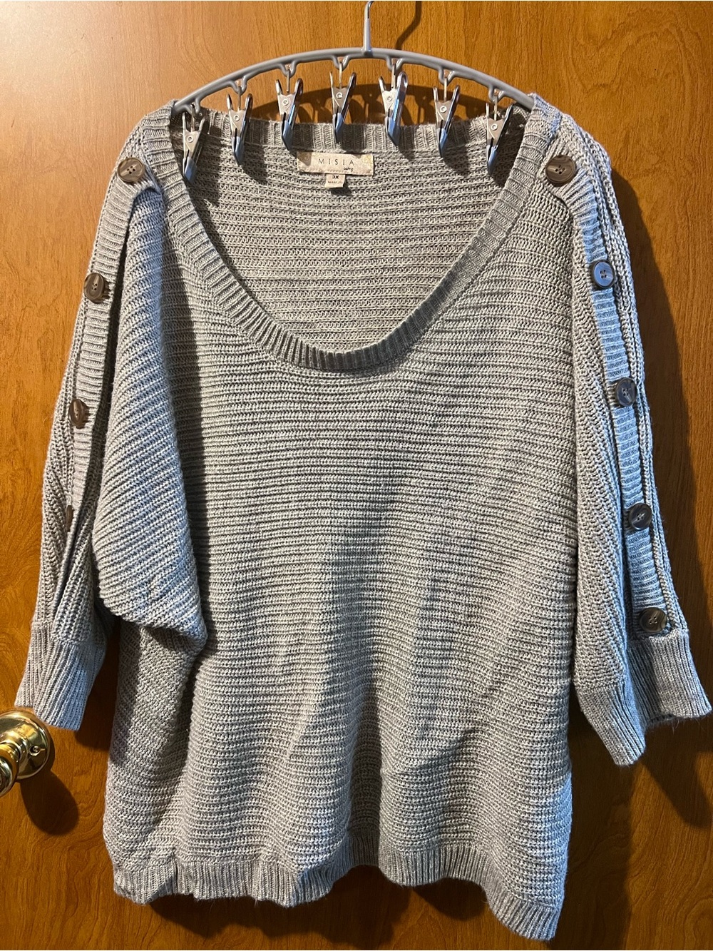 MISIA Light Gray Off-the-Shoulder Button-Trim Knit Sweater